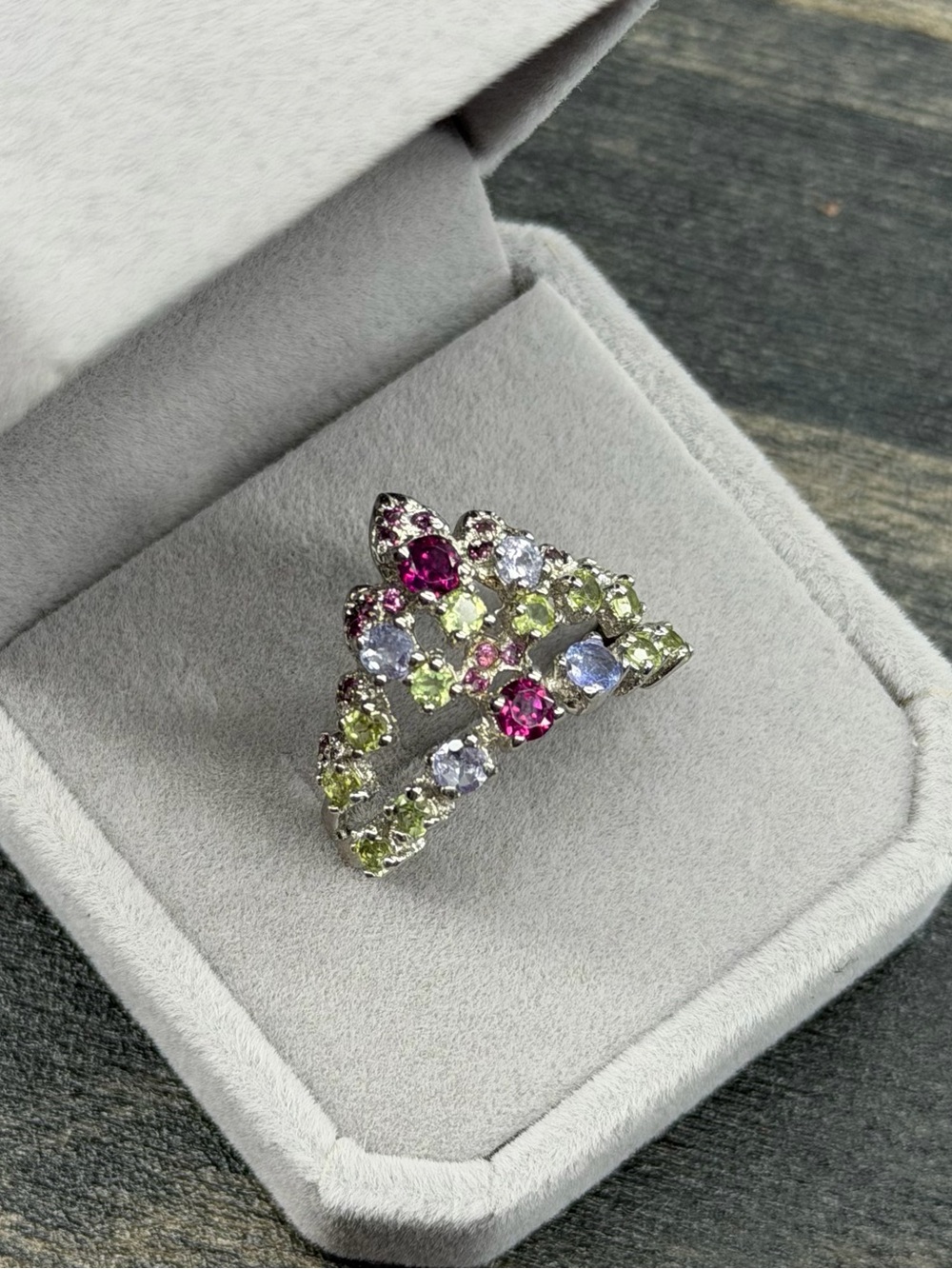Multicolor Genuine Gemstone Tiara Ring 925 Sterling Silver w/ 14K Gold Size 9.5